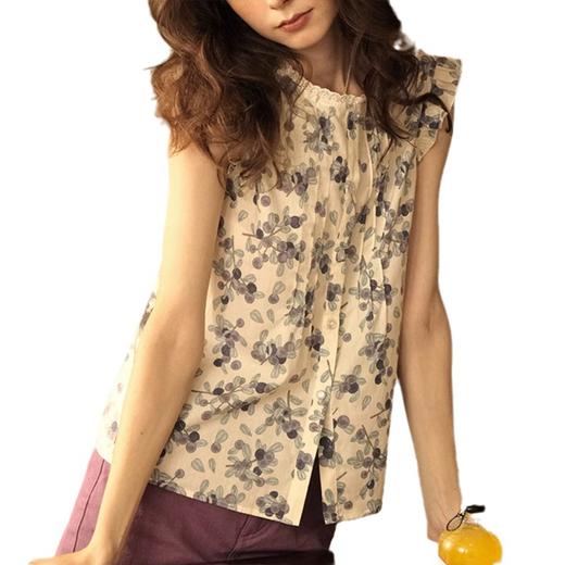 【“蓝莓之夏” 花边小飞袖】棉质轻松背心 别致设计感印花衬衫上衣 时尚修身精致可爱 商品图4