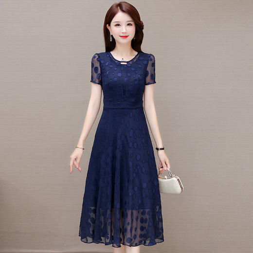 夏季新款，妈妈装短袖裙中长款时尚气质优雅蓝色提花雪纺A字裙QYM-KED-H1255-Y 商品图0