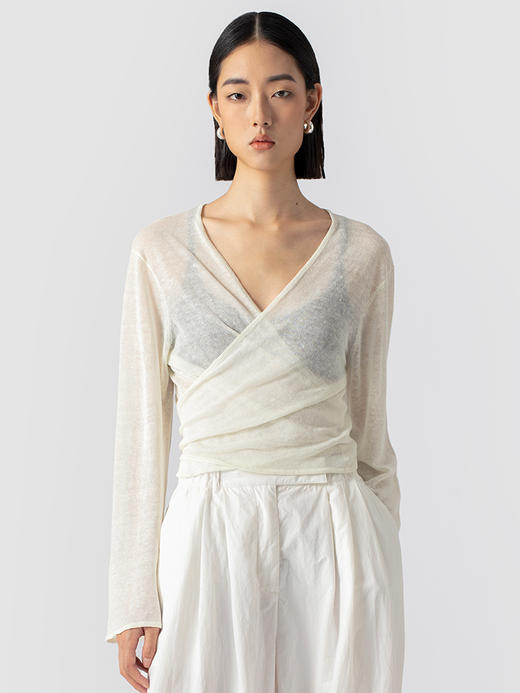 322工房亚麻混纺绑带针织开衫2023春夏款薄款V领长袖空调衫女B095 商品图0