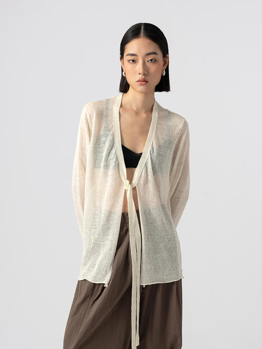 322工房纯粹亚麻女士长袖针织防晒开衫2023夏系带V领空调衫女B096 商品图3