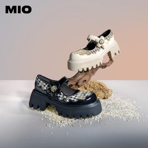 MIO米奥千鸟格纹复古小香风显高单鞋一字扣玛丽珍鞋松糕鞋女鞋M234431337 商品图0