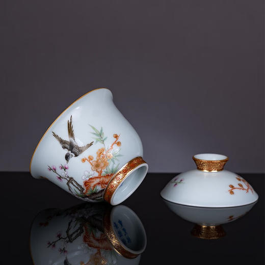 【宝瓷林】景德镇粉彩矶红描金喜上眉稍盖碗 商品图3