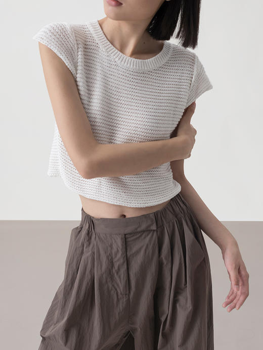 322工房经典再造环保棉针织小飞袖T恤2023春夏款短袖套头衫女B098 商品图1