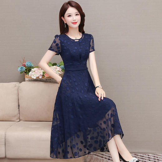 夏季新款，妈妈装短袖裙中长款时尚气质优雅蓝色提花雪纺A字裙QYM-KED-H1255-Y 商品图1