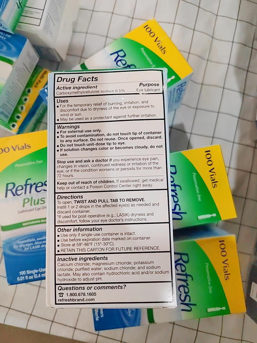 Rrefresh人工泪液眼药水，不含防腐剂，分100支独立包装，不会被污染！美国代购，无中文标签，介意慎拍 商品图1