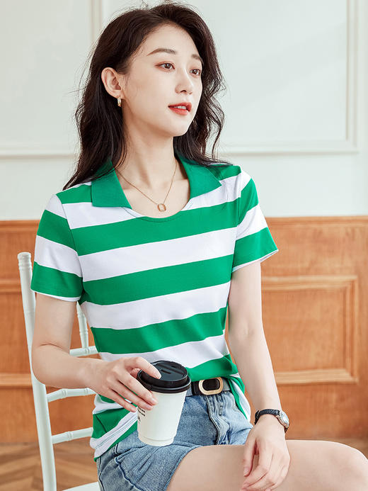 棉质新款翻领条纹衫短袖T恤ZS152 商品图0