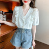 韩版百搭V领拼接短袖衬衫女，夏季新款小众设计感减龄通勤上衣AHM-DU9019-1 商品缩略图1