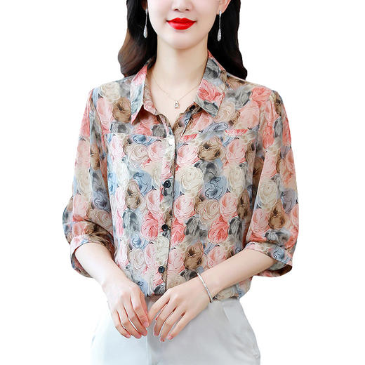 SMZ8773短袖印花衬衫女夏季新款中年妈妈宽松上衣高档洋气遮肚子小衫 商品图4