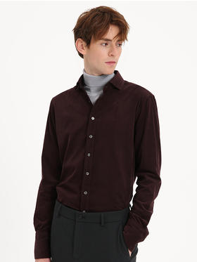 callisto酒红色细条灯芯绒休闲长袖衬衫 FSCSL041C RD