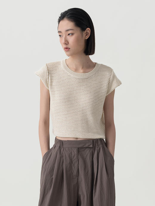 322工房经典再造环保棉针织小飞袖T恤2023春夏款短袖套头衫女B098 商品图3