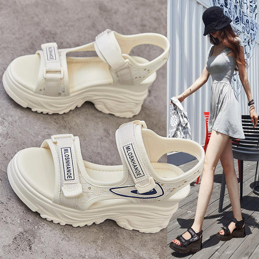 运动风凉鞋魔术贴休闲外穿厚底坡跟鱼嘴沙滩凉鞋GDM186-6 商品图0