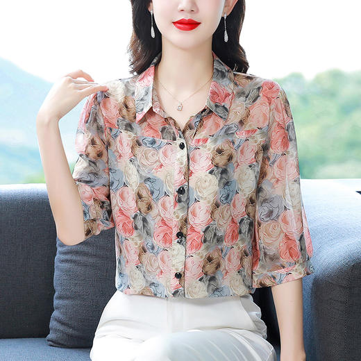 SMZ8773短袖印花衬衫女夏季新款中年妈妈宽松上衣高档洋气遮肚子小衫 商品图3
