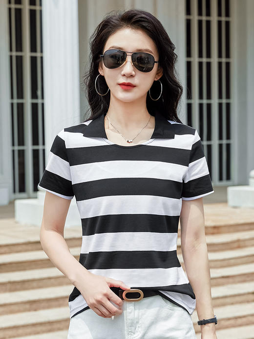 棉质新款翻领条纹衫短袖T恤ZS152 商品图4