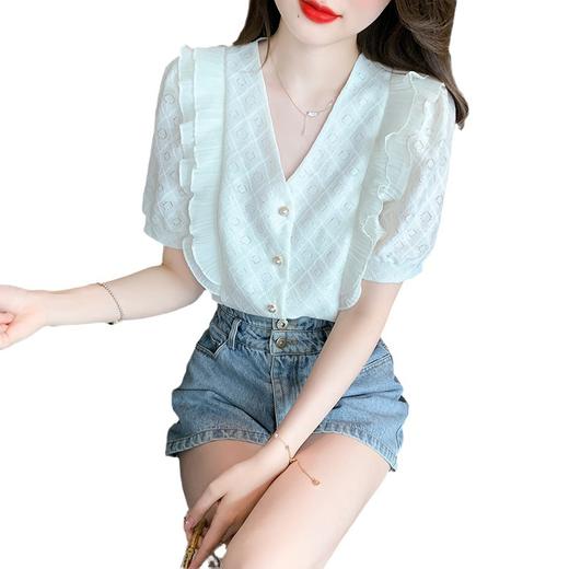 韩版百搭V领拼接短袖衬衫女，夏季新款小众设计感减龄通勤上衣AHM-DU9019-1 商品图4