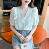 韩版百搭V领拼接短袖衬衫女，夏季新款小众设计感减龄通勤上衣AHM-DU9019-1 商品缩略图3