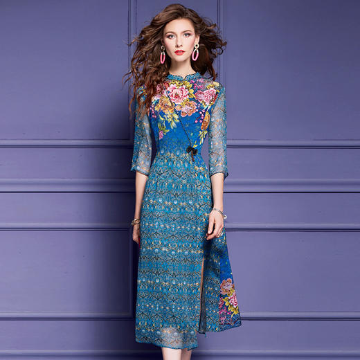 FMY-51495真丝连衣裙夏季复古盘扣桑蚕丝贵夫人新中式长裙 商品图0