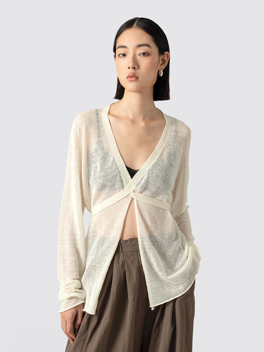 322工房纯粹亚麻女士长袖针织防晒开衫2023夏系带V领空调衫女B096 商品图0