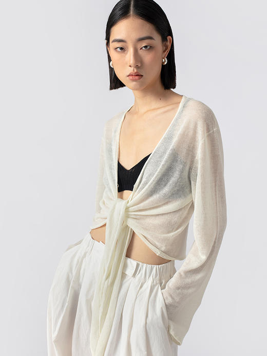 322工房亚麻混纺绑带针织开衫2023春夏款薄款V领长袖空调衫女B095 商品图1