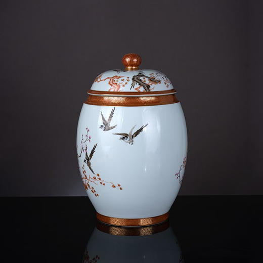 【宝瓷林】景德镇粉彩矾红描金喜上眉梢盖罐 商品图1