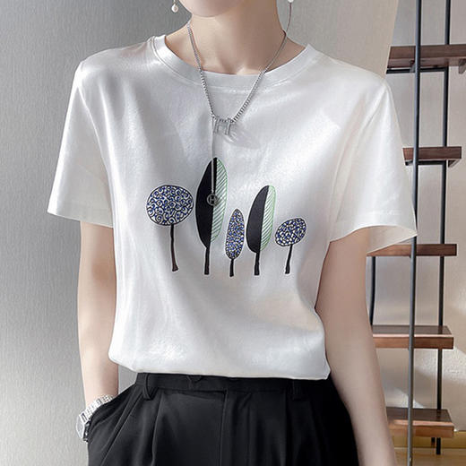 「数款可选！凉感醋酸T恤」2023春夏凉感醋酸T恤女 抽象印花人字纹面圆领短袖上衣 商品图2