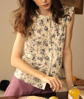 【“蓝莓之夏” 花边小飞袖】棉质轻松背心 别致设计感印花衬衫上衣 时尚修身精致可爱