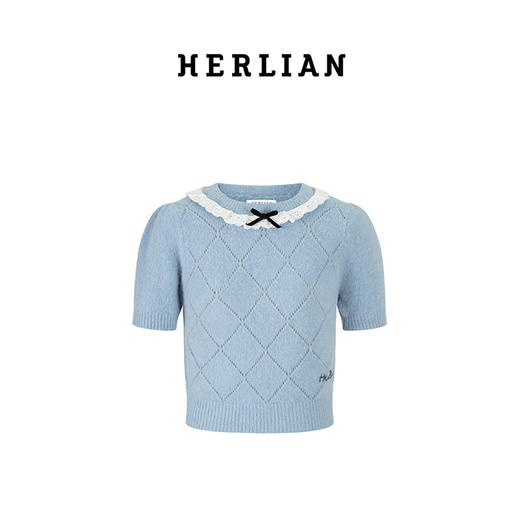 HL2CAWSW1002 蕾丝拼接菱形格短袖针织 商品图1