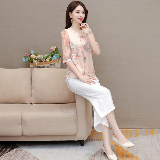 QYMKSY-QQ23836TZ-L 2023年夏款短款印花七分袖国风时尚小衫宽松休闲九分阔腿裤两件套 商品图2