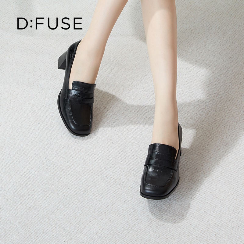 Dfuse迪芙斯秋款牛皮方头通勤粗跟英伦乐福鞋DF33112211