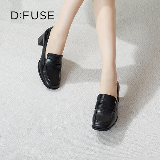 Dfuse迪芙斯秋款牛皮方头通勤粗跟英伦乐福鞋DF33112211 商品图0