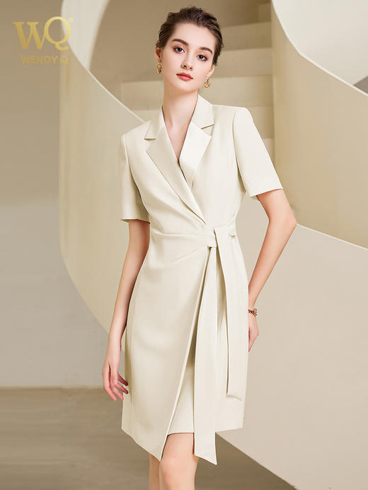 夏季高端粉色绑带连衣裙女短袖主持人职业装气质时尚 商品图4