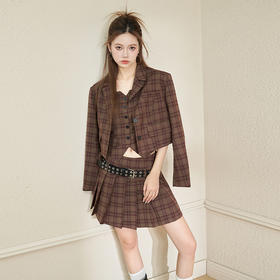 西遇英伦风格子西装女2023年秋季新款翻领宽肩韩版时尚咖色外套11831944