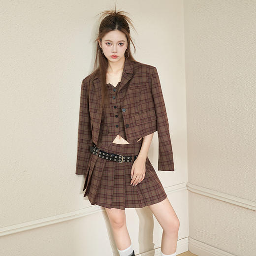 西遇英伦风格子西装女2023年秋季新款翻领宽肩韩版时尚咖色外套11831944 商品图0