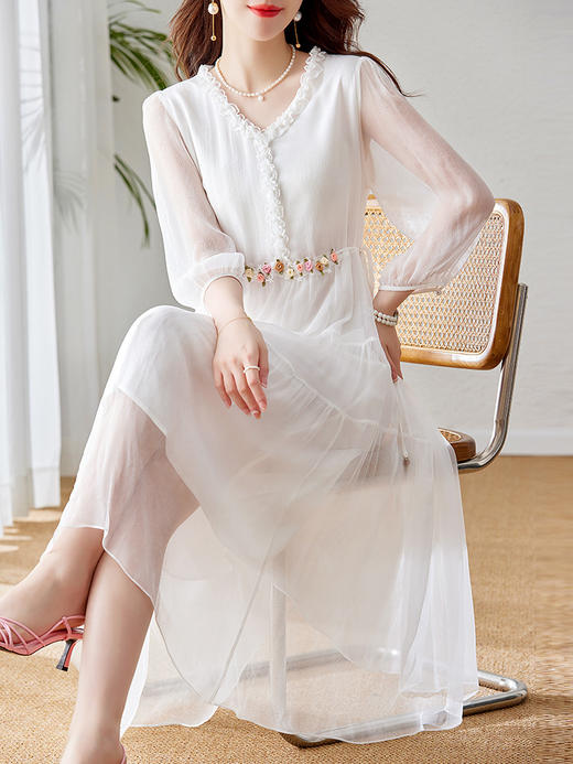 七分袖V领抽绳收腰，白色桑蚕丝真丝连衣裙SM-82393516 商品图3