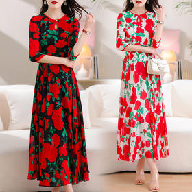 洋气修身，沙滩中袖时尚裙夏季雪纺碎花连衣裙YA318