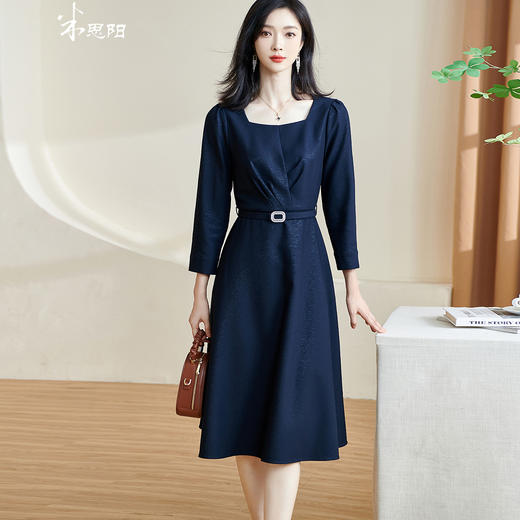 剩S/M 米思阳2024秋季新款优雅气质连衣裙系带显瘦方领亲肤中长裙子2154 商品图0