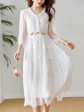 七分袖V领抽绳收腰，白色桑蚕丝真丝连衣裙SM-82393516