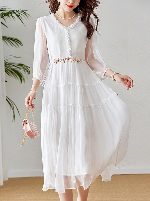 七分袖V领抽绳收腰，白色桑蚕丝真丝连衣裙SM-82393516 商品图0