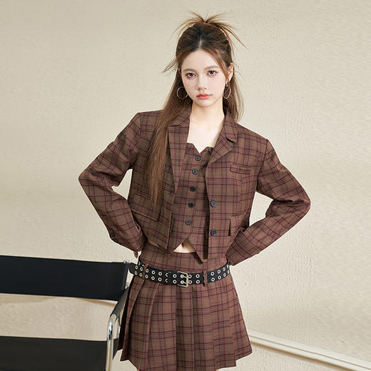 西遇英伦风格子西装女2023年秋季新款翻领宽肩韩版时尚咖色外套11831944 商品图2