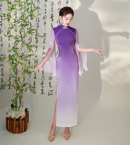 走秀旗袍长款夏秋季演出表演，礼仪旗袍大码宴会年会表演XYG- 紫色大袖拼接改良走秀 商品图0
