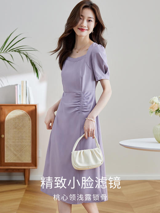 【专属特价】熙世界泡泡袖方领紫色连衣裙女夏2025新款法式别致收腰抽褶A字裙 商品图2