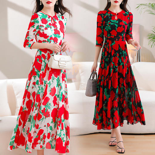 洋气修身，沙滩中袖时尚裙夏季雪纺碎花连衣裙YA318 商品图1