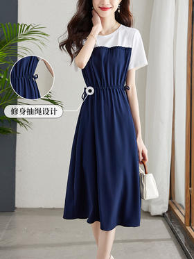 【五折购】熙世界连衣裙女夏显瘦收腰2025年新款法式撞色圆领假两件休闲裙子