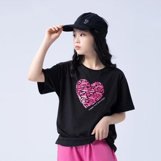 女童T恤2023夏季心形印花纯棉短袖T恤韩版时尚大童青少年女T恤 商品图3