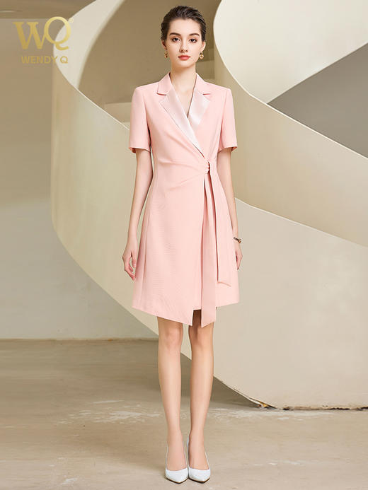 夏季高端粉色绑带连衣裙女短袖主持人职业装气质时尚 商品图1