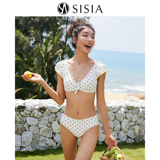 sisia2023新款泳衣女夏性感聚拢复古波点深v短袖分体比基尼泳衣 商品图0