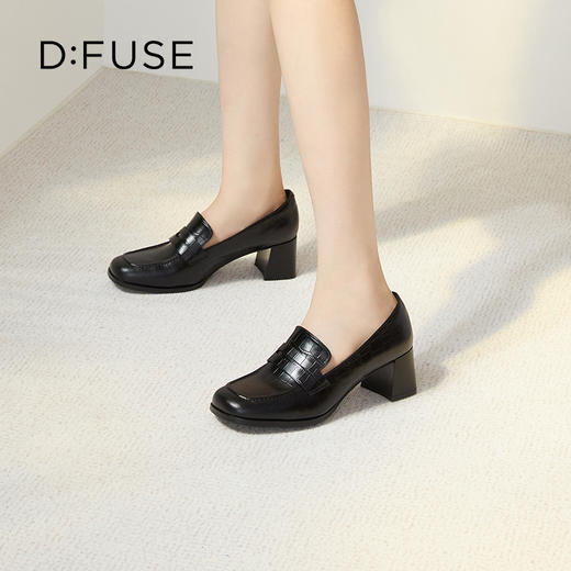 Dfuse迪芙斯秋款牛皮方头通勤粗跟英伦乐福鞋DF33112211 商品图12