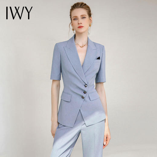 IWY/蓝色短袖西装小脚裤套装女气质正装职业装时尚设计感西装套装女232013CP1 商品图1
