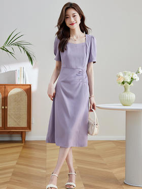 【专属特价】熙世界泡泡袖方领紫色连衣裙女夏2025新款法式别致收腰抽褶A字裙