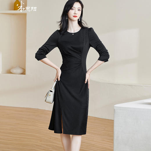 剩S/M 米思阳2024秋季新款轻奢别致气质小黑裙七分袖收腰显瘦连衣裙1930 商品图0