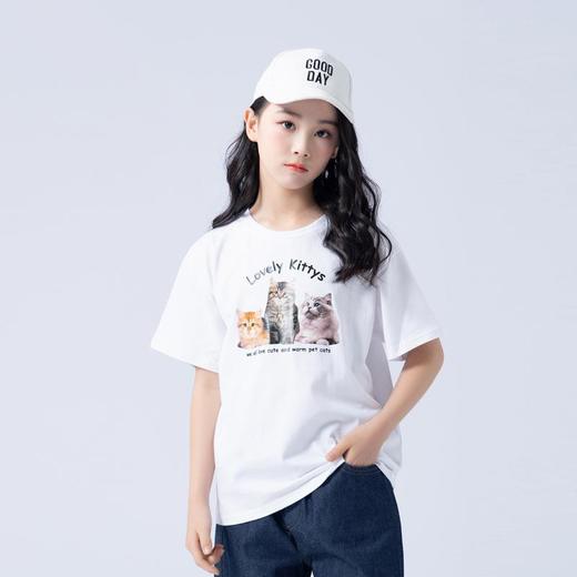 女童T恤2023夏季可爱猫咪印花纯棉短袖T恤韩版大童青少年女T恤 商品图0